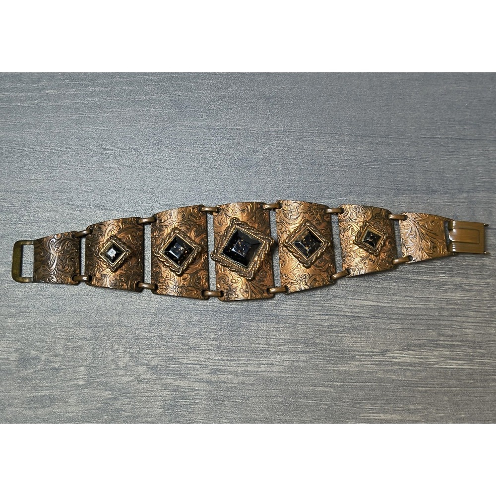 Vintage Copper Panel Bracelet Artisan Brutalist Southwestern Fold Over Clasp 7"